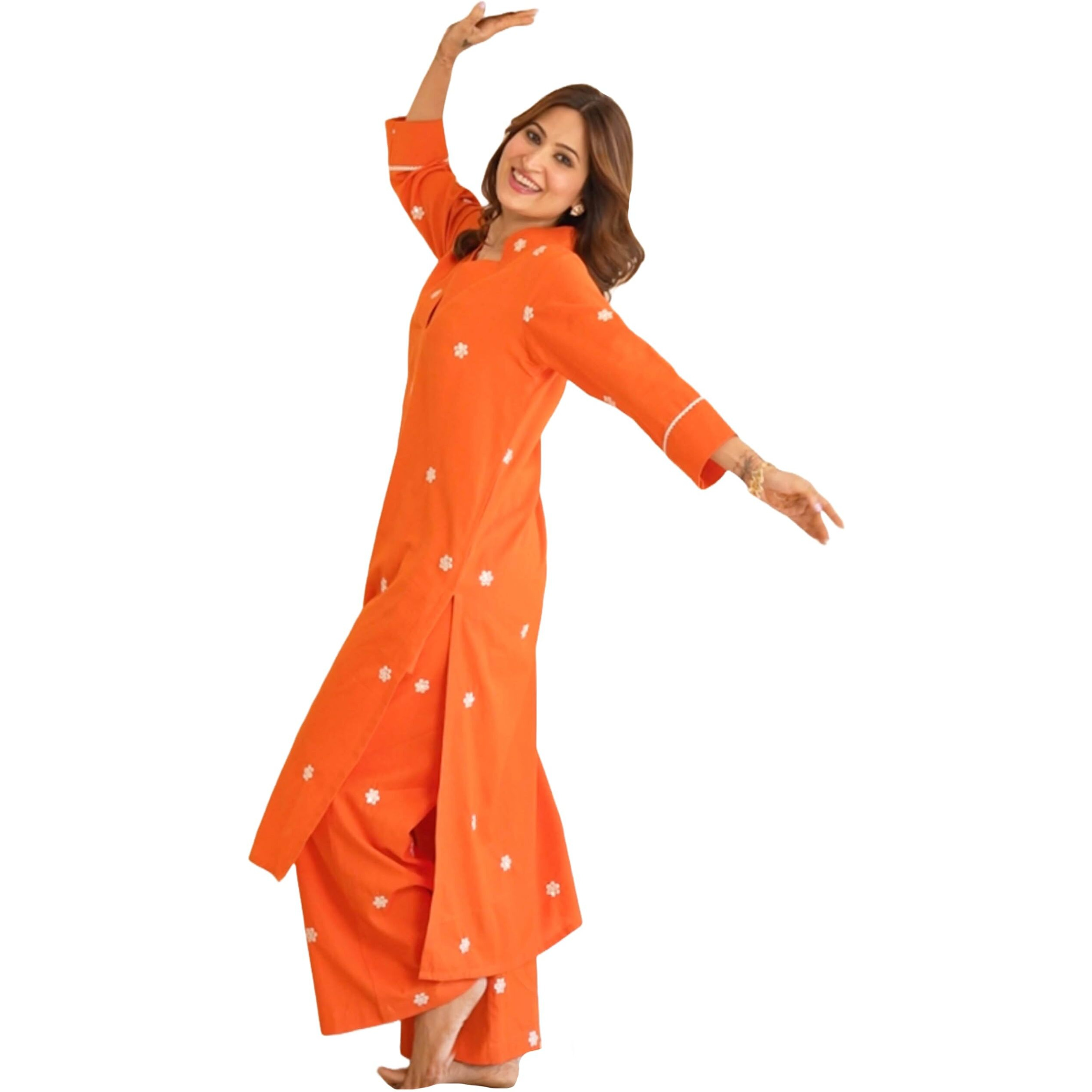 Gosriki Women's Rayon Viscose Straight Embroidered Kurta With Palazzo (Bharavi Orange-Gs_L_Orange_Large)