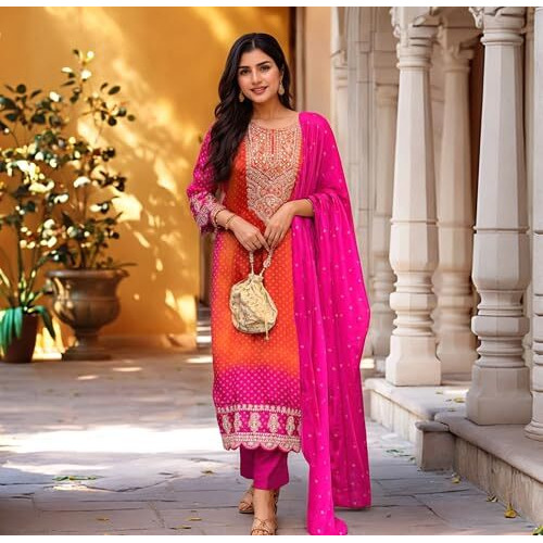 Gosriki Women's Rayon Viscose Straight Bandhani Embroidered Kurta With Pant & Dupatta (Lasivan Pink-Vks05-Gs_4Xl_Pink_Xxxx-Large)