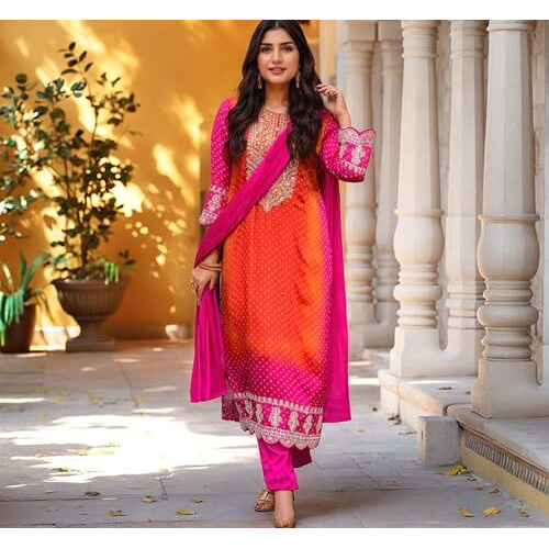 Gosriki Women's Rayon Viscose Straight Bandhani Embroidered Kurta With Pant & Dupatta (Lasivan Pink-Vks05-Gs_4Xl_Pink_Xxxx-Large)
