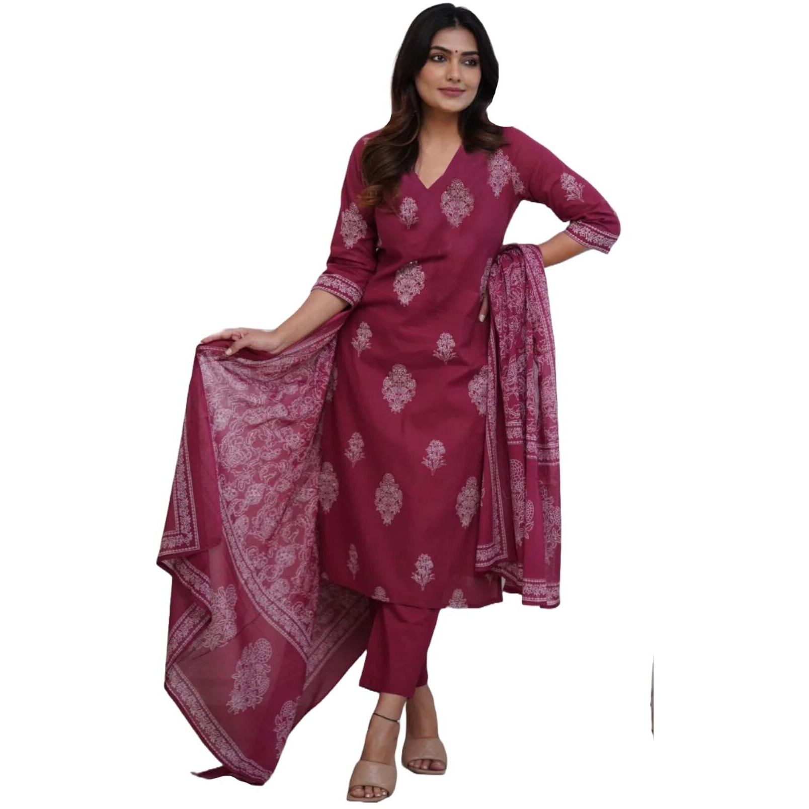 Gosriki Women's Rayon Viscose Straight Printed Kurta With Pant & Dupatta (Kanisha Wine-Gs_Xl_Wine_X-Large)