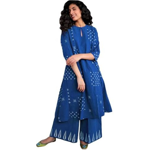 Gosriki Women's Rayon Viscose A-Line Printed Kurta With Palazzo (Chaurya Blue-Gs_L_Blue_Large)