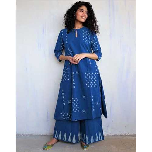 Gosriki Women's Rayon Viscose A-Line Printed Kurta With Palazzo (Chaurya Blue-Gs_L_Blue_Large)