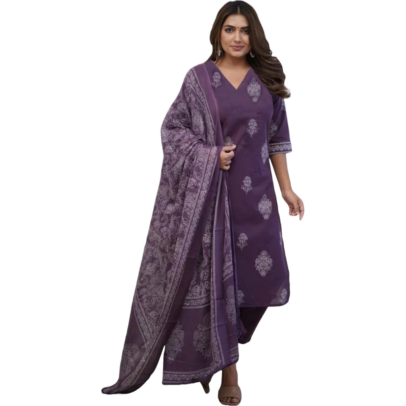 Gosriki Women's Rayon Viscose Straight Printed Kurta With Pant & Dupatta (Kanisha Purple-Gs_Xl_Purple_X-Large)