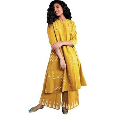 Gosriki Women's Rayon Viscose A-Line Printed Kurta With Palazzo (Chaurya Yellow-Gs_Xl_Yellow_X-Large)
