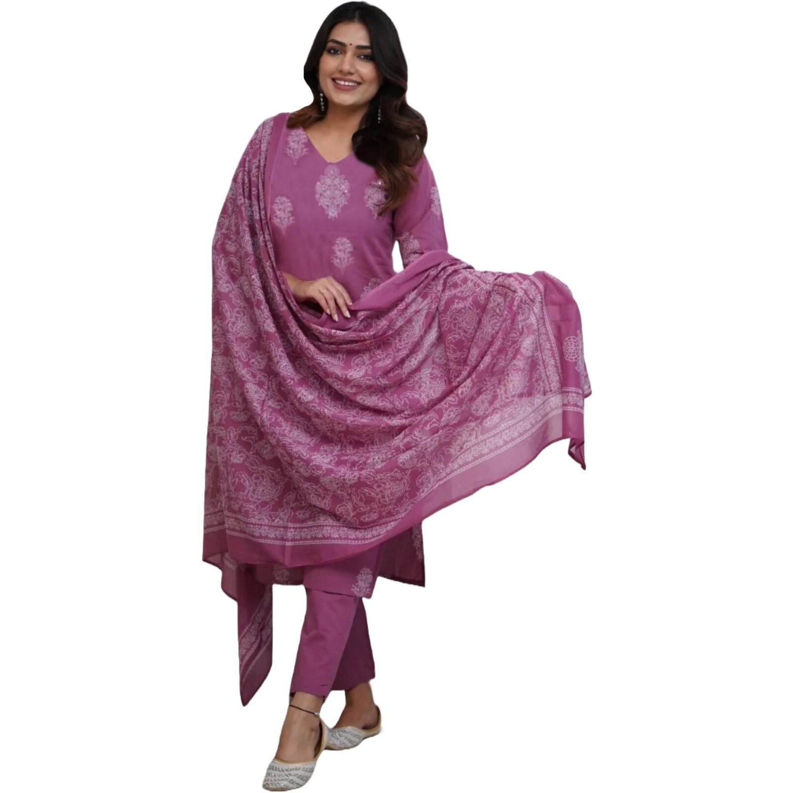 Gosriki Women's Rayon Viscose Straight Printed Kurta With Pant & Dupatta (Kanisha Pink-Gs_M_Pink_Medium)