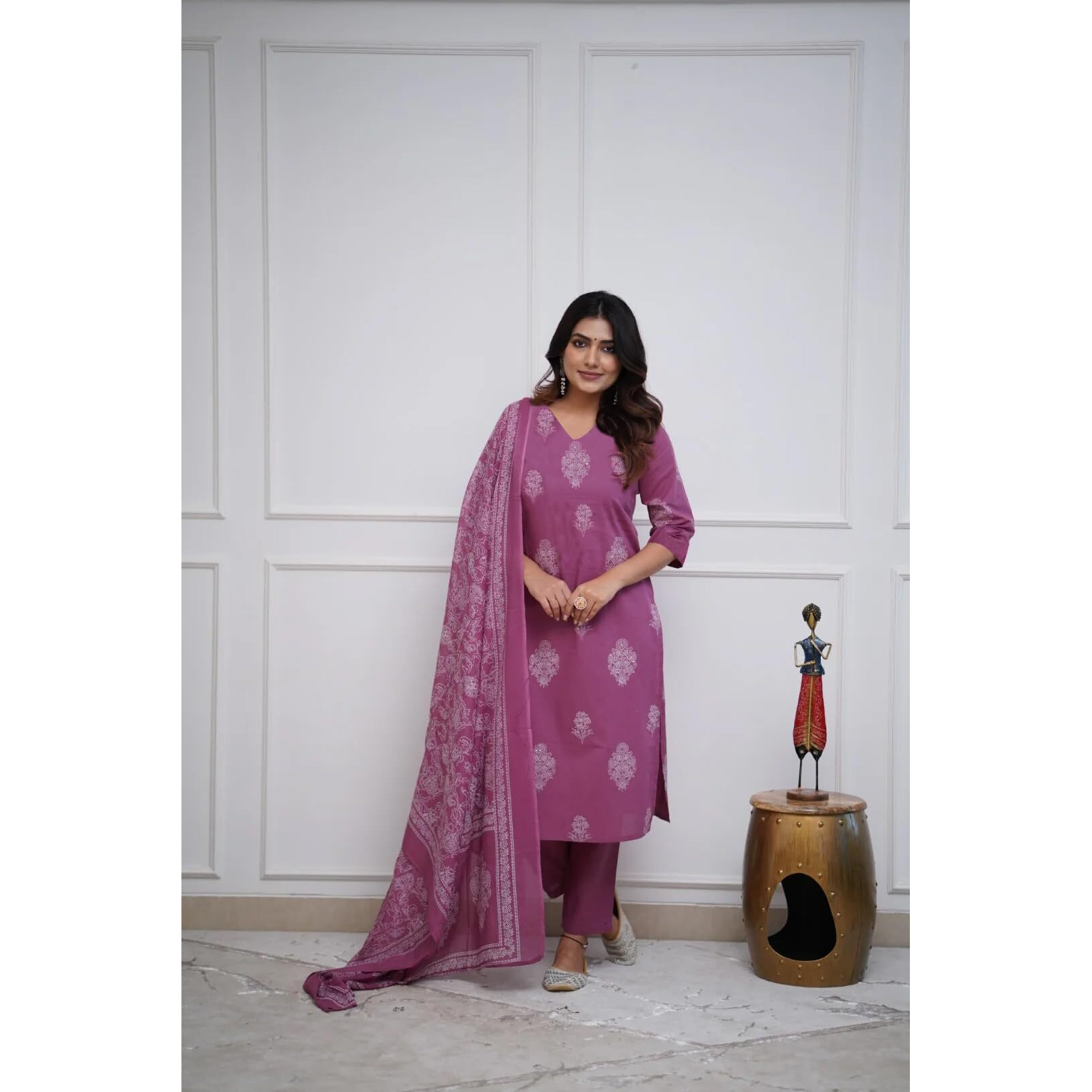 Gosriki Women's Rayon Viscose Straight Printed Kurta With Pant & Dupatta (Kanisha Pink-Gs_M_Pink_Medium)