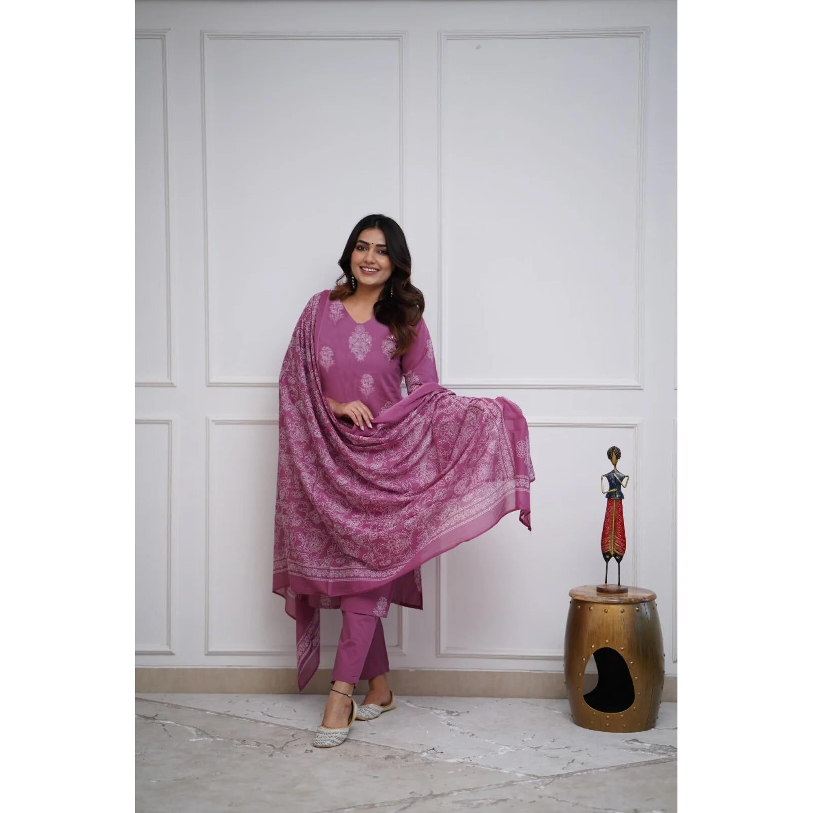 Gosriki Women's Rayon Viscose Straight Printed Kurta With Pant & Dupatta (Kanisha Pink-Gs_M_Pink_Medium)