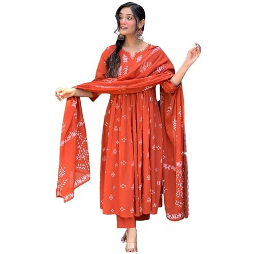 Gosriki Women's Rayon Viscose Anarkali Printed Kurta With Pant & Dupatta (Etasha Orange-Gs_Xl_Orange_X-Large)