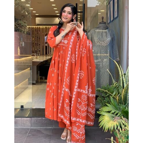 Gosriki Women's Rayon Viscose Anarkali Printed Kurta With Pant & Dupatta (Etasha Orange-Gs_Xl_Orange_X-Large)