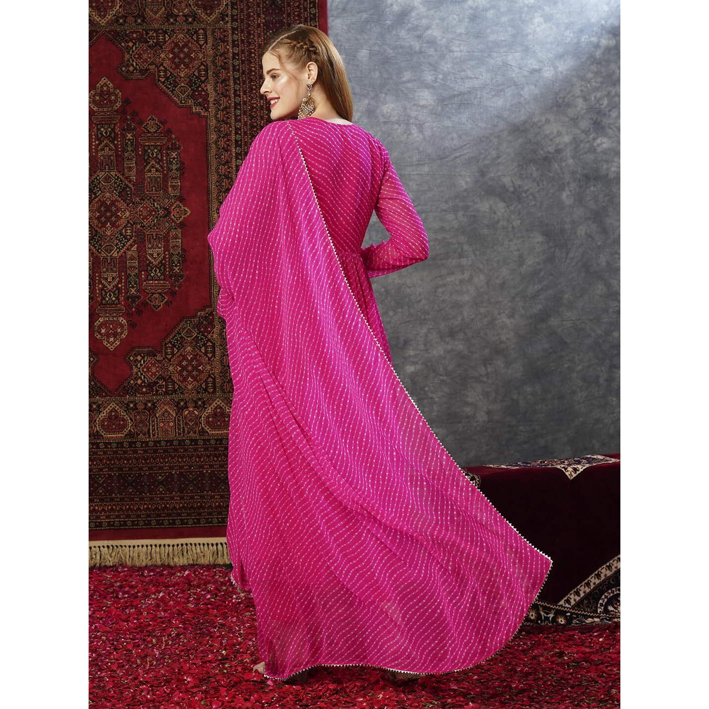 Gosriki Women's Georgette Lehariya Printed Anarkali Kurta With Pant & Dupatta (Mothda-Pink-Jl-Gs_S_Pink_Small)