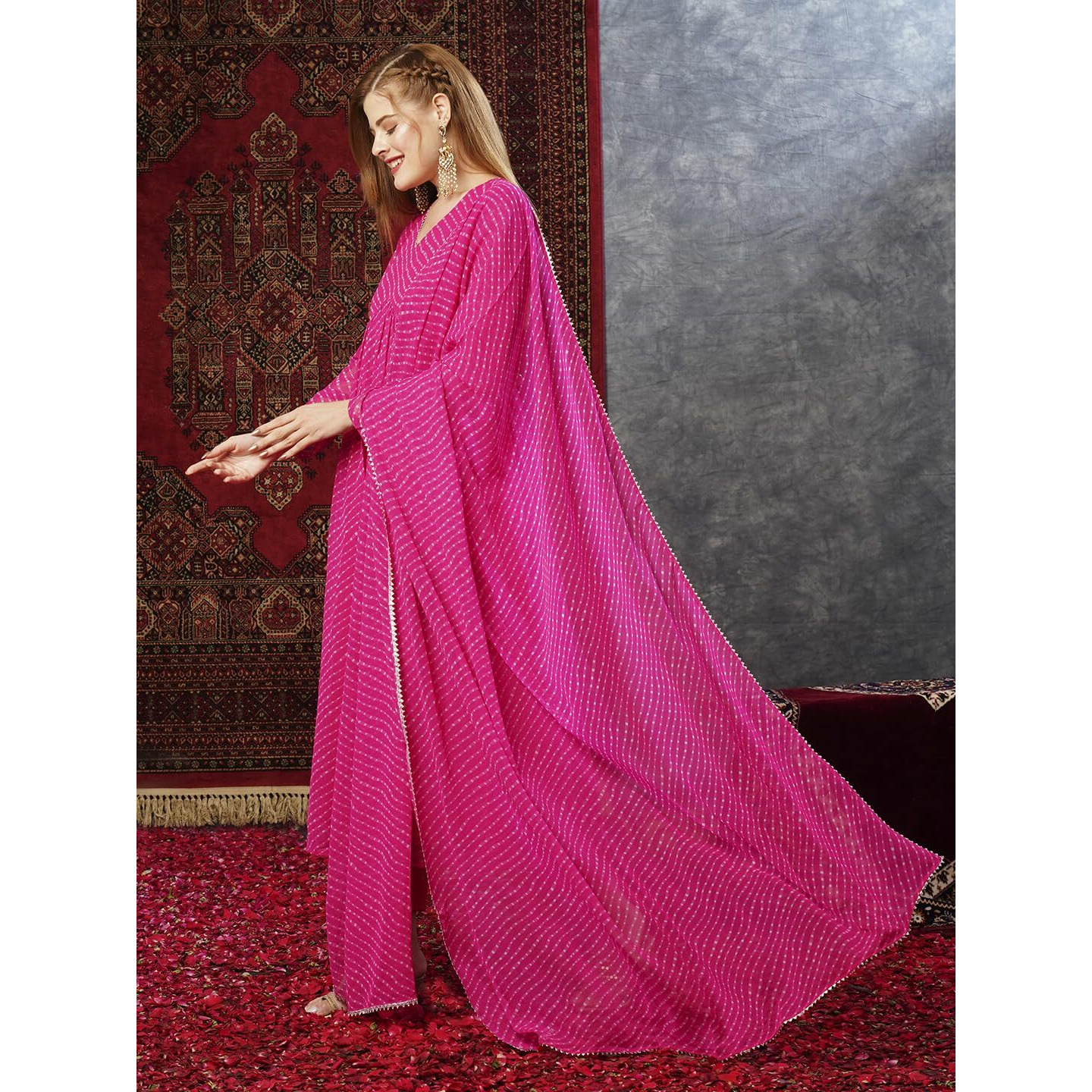 Gosriki Women's Georgette Lehariya Printed Anarkali Kurta With Pant & Dupatta (Mothda-Pink-Jl-Gs_S_Pink_Small)