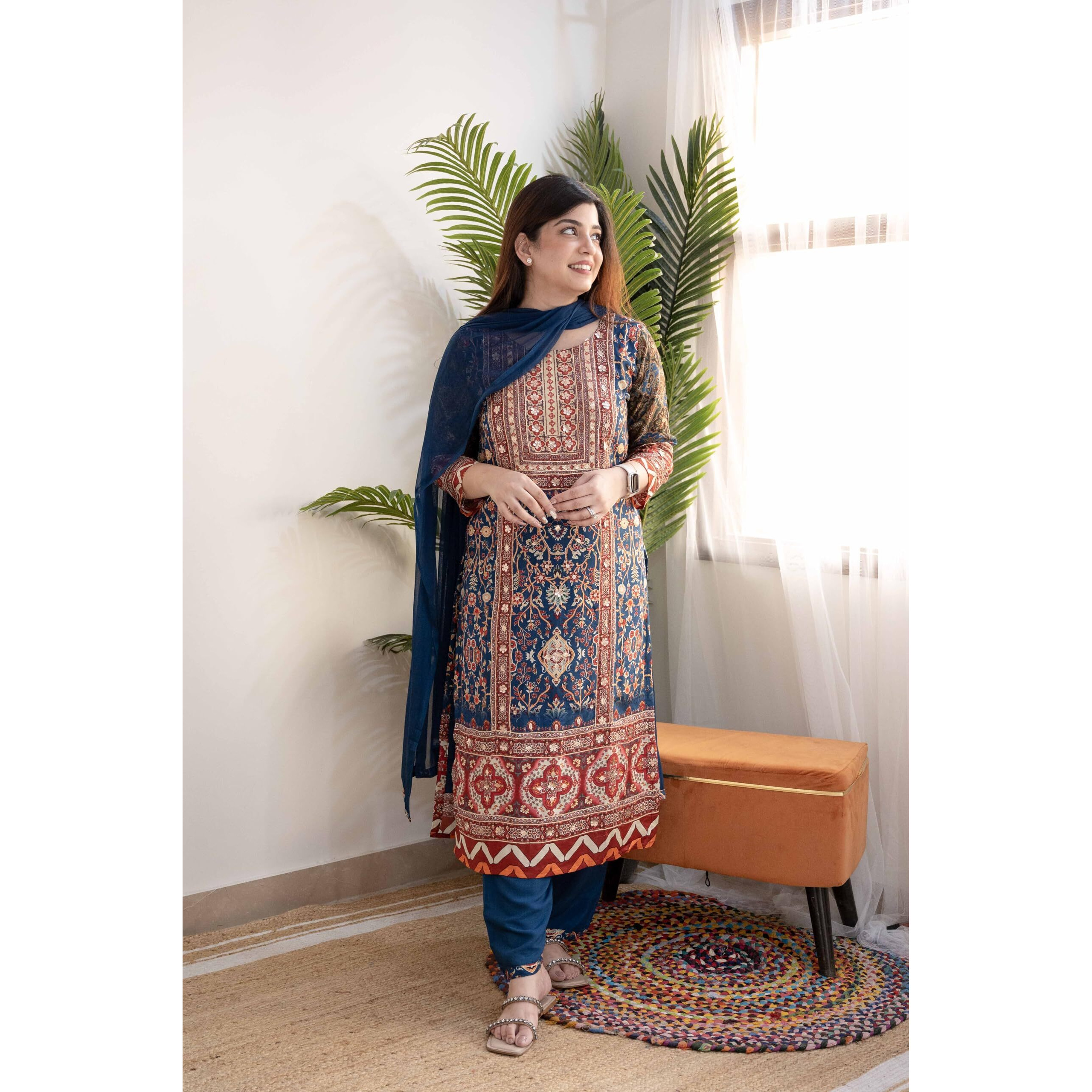 Gosriki Women's Rayon Viscose Printed Straight Kurta With Pant & Dupatta (Ipsita Multi-Gs_L_Multicolor_Large)
