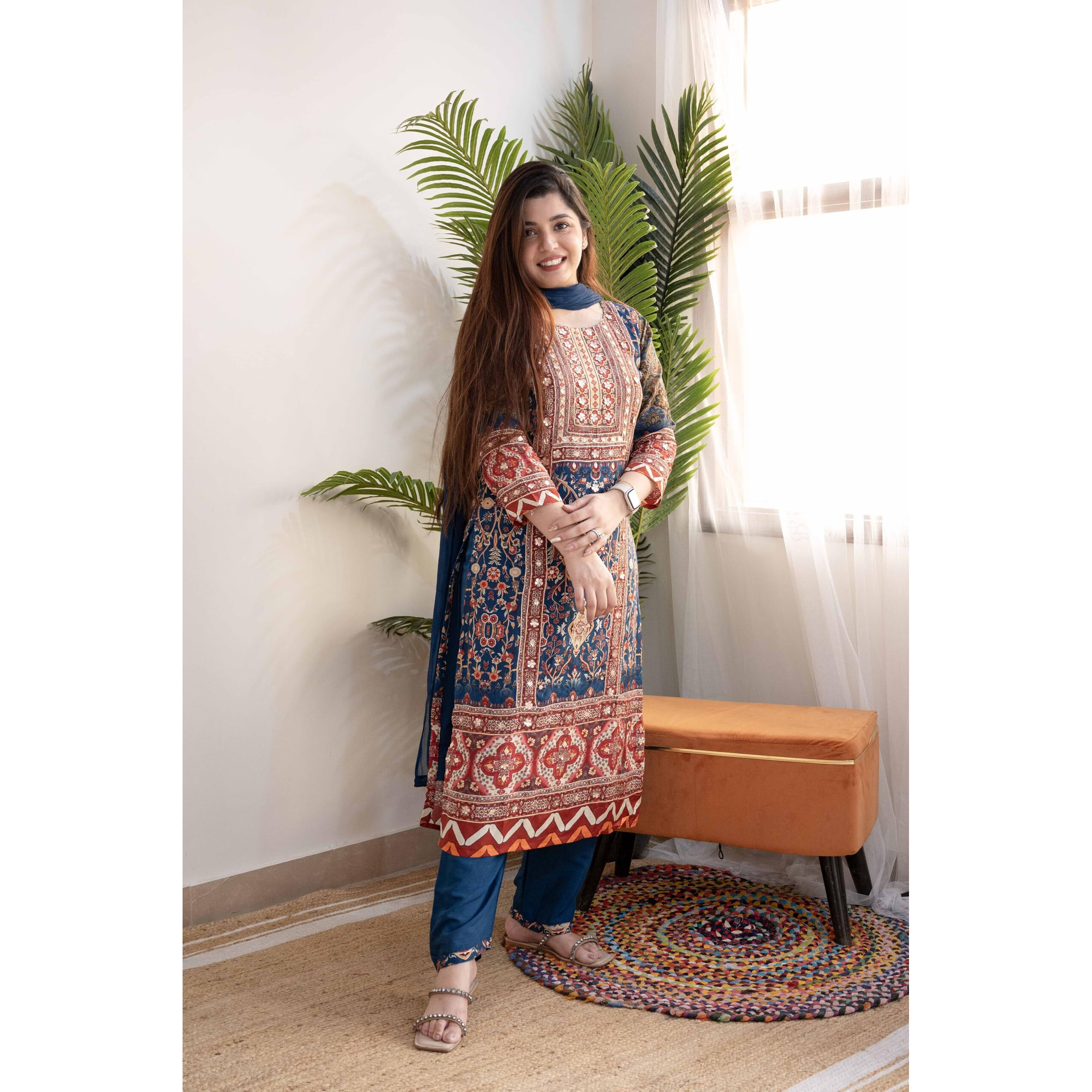 Gosriki Women's Rayon Viscose Printed Straight Kurta With Pant & Dupatta (Ipsita Multi-Gs_L_Multicolor_Large)