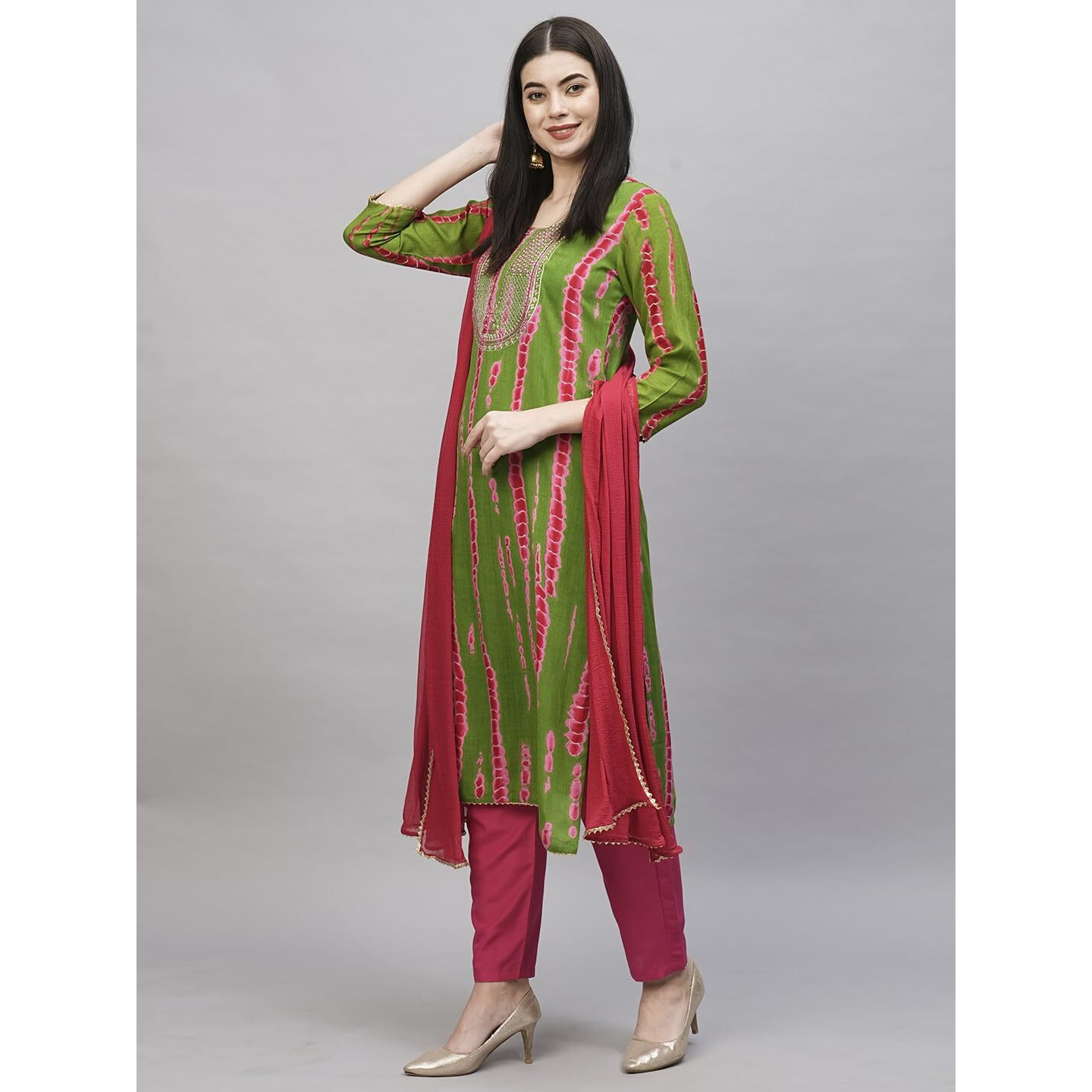 Gosriki Women's Rayon Blend Straight Printed Kurta With Pant & Dupatta (Dollop Methi-Gs_Xl_Green_X-Large)