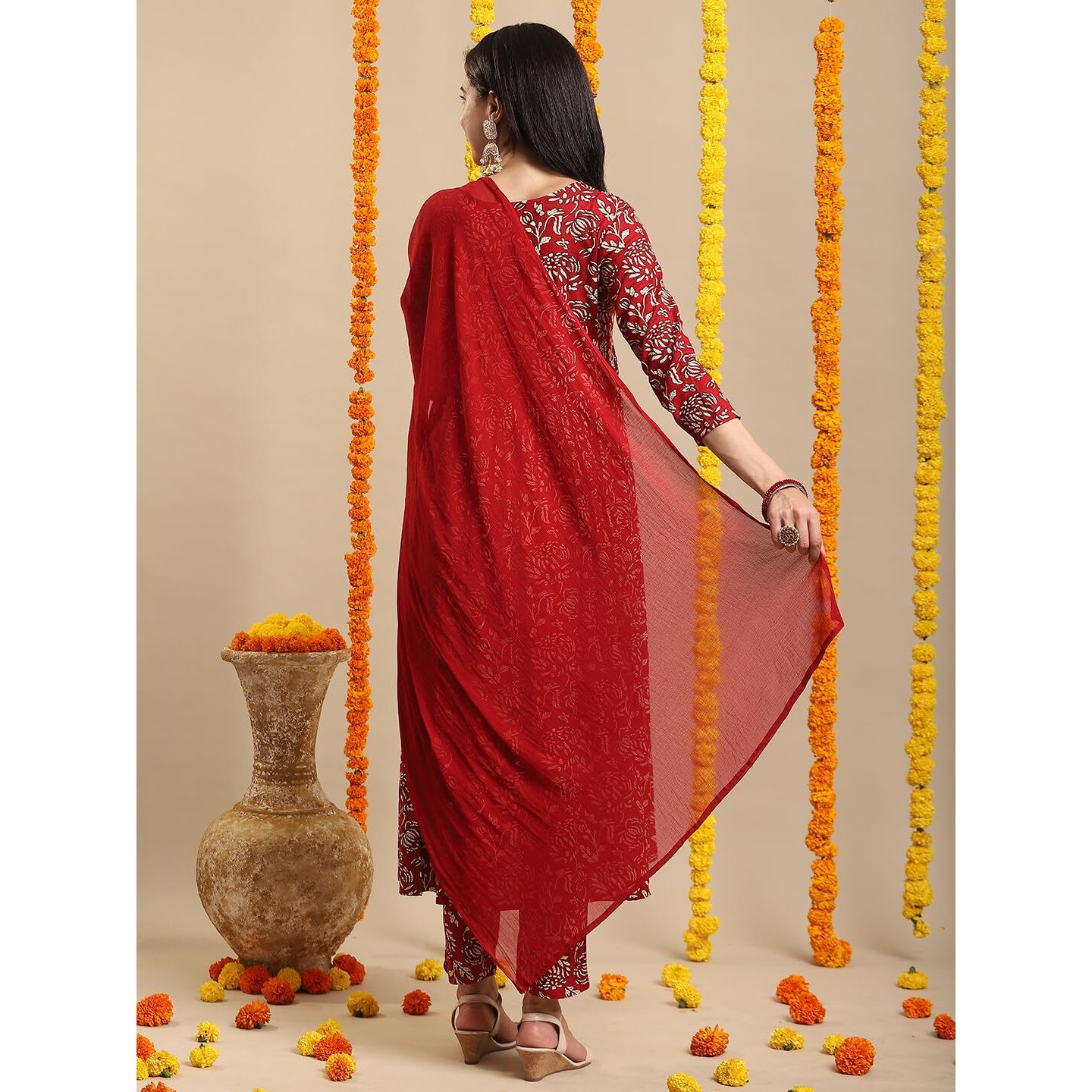 Gosriki Women's Rayon Blend Anarkali Printed Kurta With Pant & Dupatta (Dabu Red-Vks06-Gs_L_Red_Large)