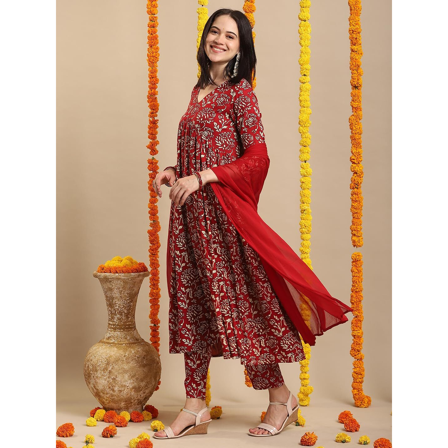 Gosriki Women's Rayon Blend Anarkali Printed Kurta With Pant & Dupatta (Dabu Red-Vks06-Gs_L_Red_Large)