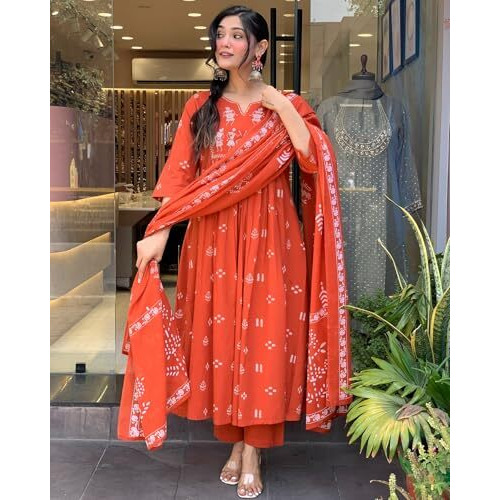 Gosriki Women's Rayon Viscose Anarkali Printed Kurta With Pant & Dupatta (Etasha Orange-Gs_Xxl_Orange_Xx-Large)