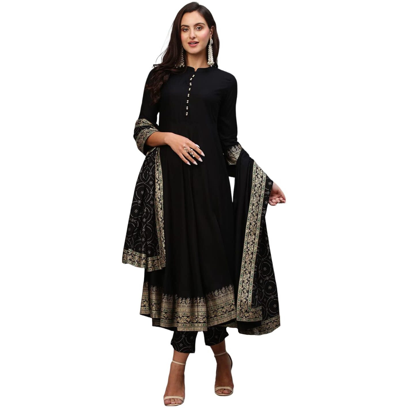 Gosriki Women's Cotton Blend Solid Anarkali Kurta With Pant & Dupatta (Panchali-Black-Nw-Gs_S_Black_Small)