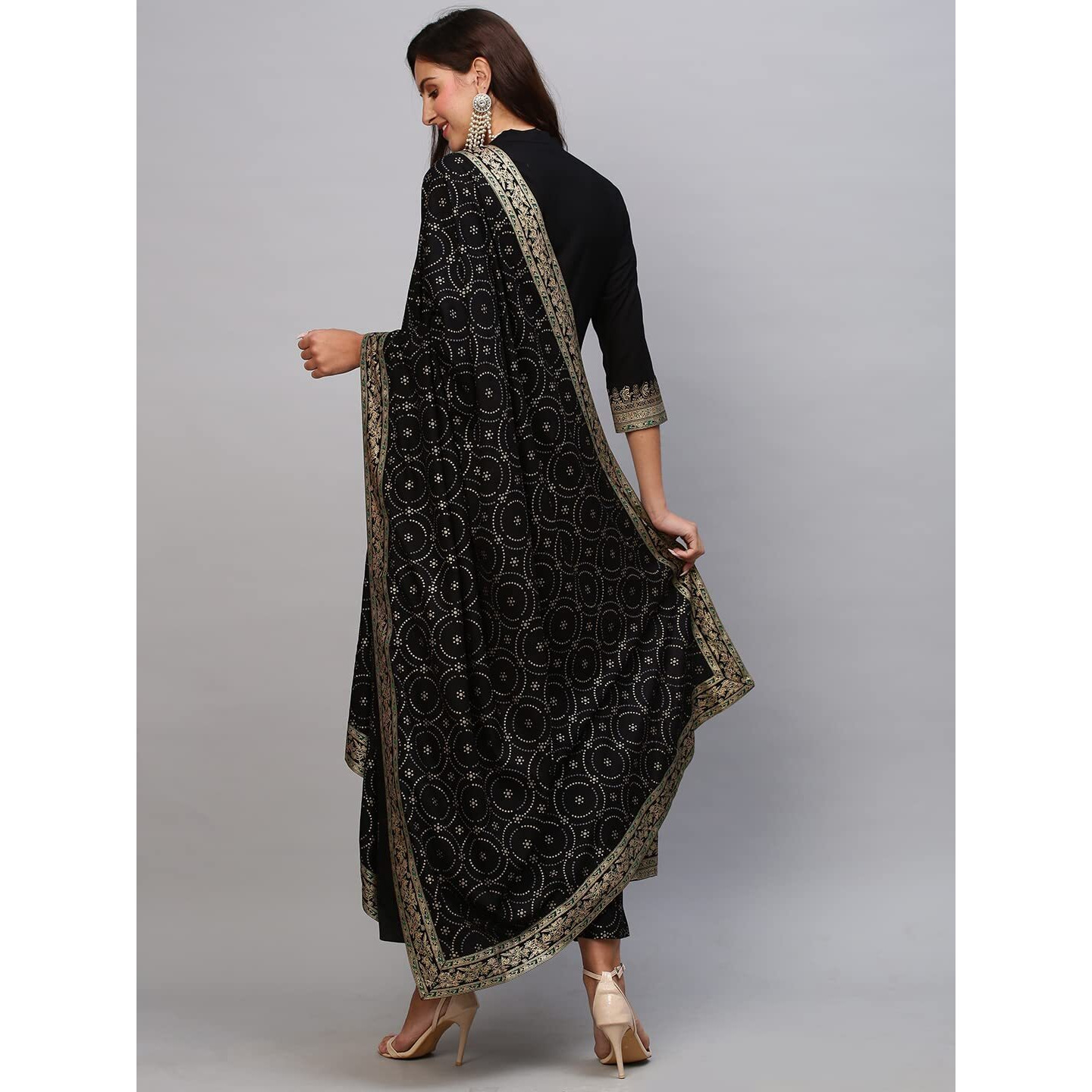 Gosriki Women's Cotton Blend Solid Anarkali Kurta With Pant & Dupatta (Panchali-Black-Nw-Gs_S_Black_Small)