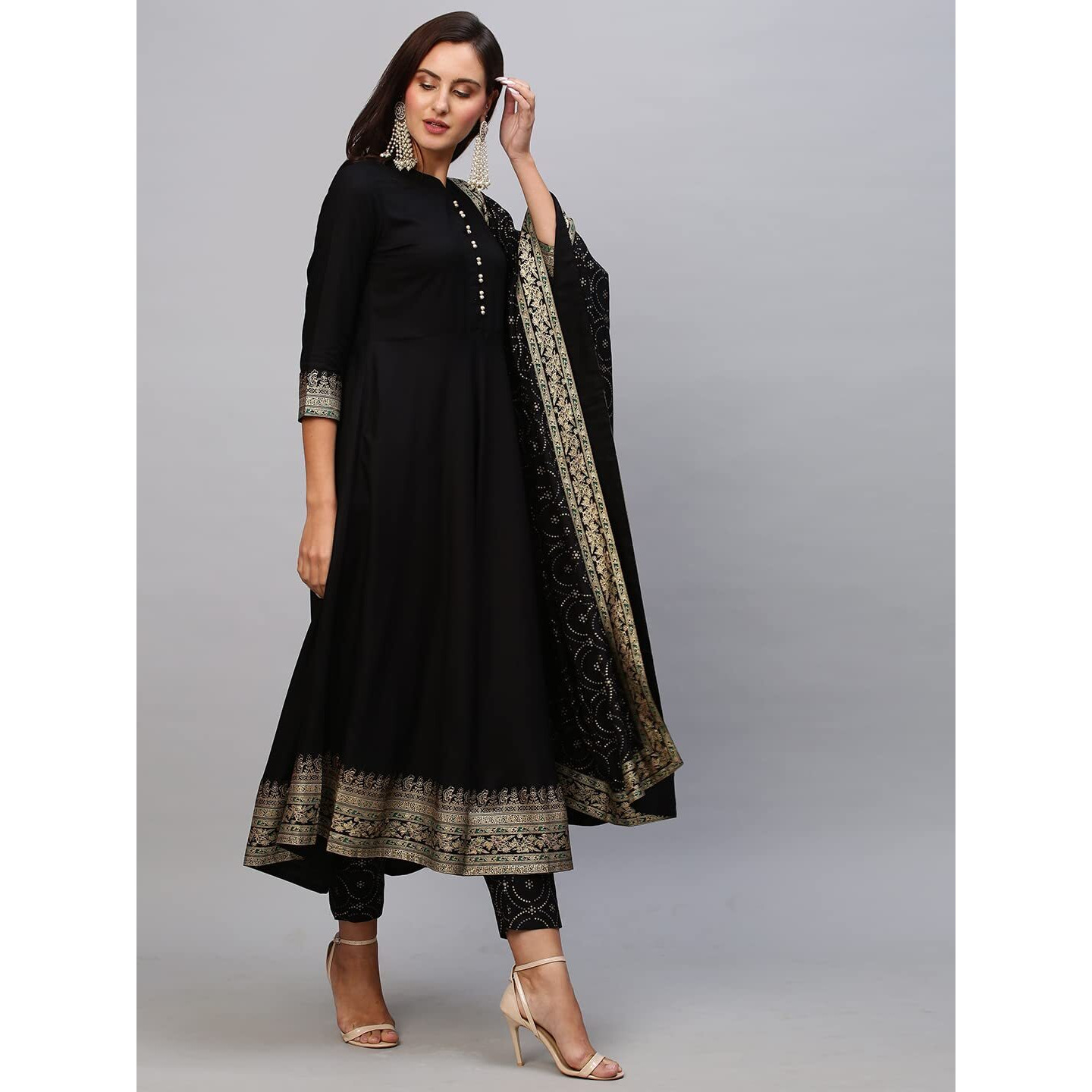 Gosriki Women's Cotton Blend Solid Anarkali Kurta With Pant & Dupatta (Panchali-Black-Nw-Gs_S_Black_Small)