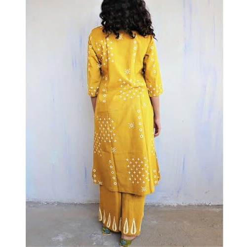 Gosriki Women's Rayon Viscose A-Line Printed Kurta With Palazzo (Chaurya Yellow-Gs_S_Yellow_Small)