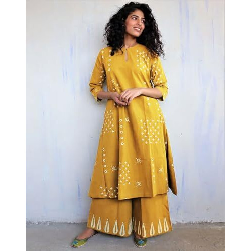 Gosriki Women's Rayon Viscose A-Line Printed Kurta With Palazzo (Chaurya Yellow-Gs_S_Yellow_Small)