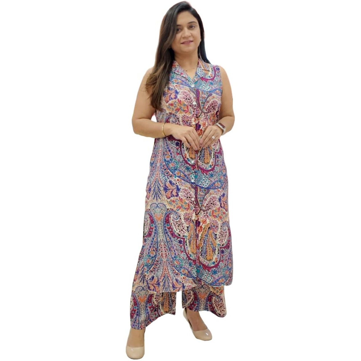 Gosriki Women's Rayon Viscose A-Line Printed Kurta With Palazzo (Karnan Multi-Gs_L_Multicolor_Large)