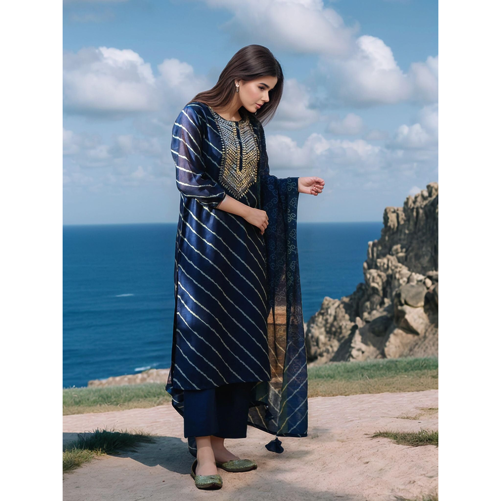 Gosriki Women's Rayon Viscose Straight Leheriya Printed Kurta With Pant & Dupatta (Doremi Navy-Vks05-Gs_3Xl_Navy_Xxx-Large)