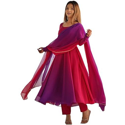 Gosriki Women's Georgette Anarkali Solid Kurta With Pant & Dupatta (Sade Pink-Vks01-Gs_L_Pink_Large)