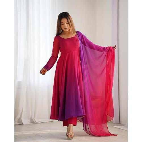 Gosriki Women's Georgette Anarkali Solid Kurta With Pant & Dupatta (Sade Pink-Vks01-Gs_L_Pink_Large)
