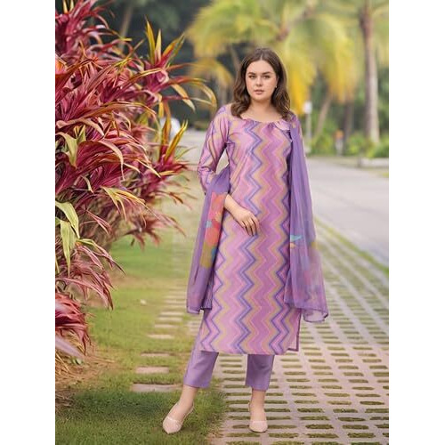 Gosriki Women's Rayon Viscose Straight Printed Kurta With Pant & Dupatta (Zaggu Purple-Vks01-Gs_Xl_Purple_X-Large)