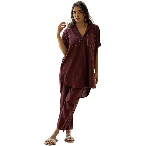 Gosriki Women's Rayon Viscose Straight Solid Kurta With Pant (Wareya Wine-Gs_Xl_Wine_X-Large)