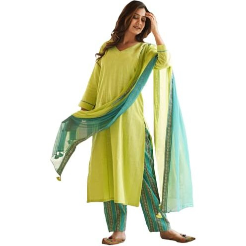 Gosriki Women's Rayon Viscose Straight Solid Kurta With Pant & Dupatta (Zamkudi Lemon-Gs_L_Green_Large)