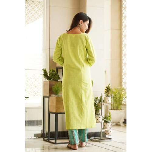 Gosriki Women's Rayon Viscose Straight Solid Kurta With Pant & Dupatta (Zamkudi Lemon-Gs_L_Green_Large)
