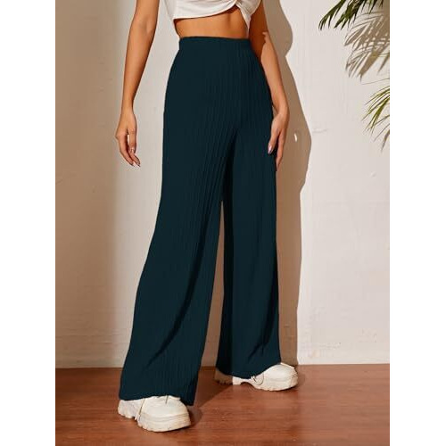Toplot Women's Ribbed Knit Wide-Leg Pants(Jqrd-Trouser-5252-Teal-34)