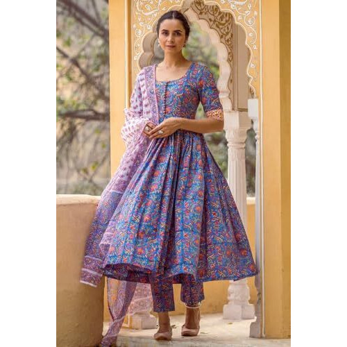 Gosriki Women's Rayon Blend Printed Anarkali Kurta With Pant & Dupatta (Mytee Multi-Gs_3Xl_Multicolor_Xxx-Large)