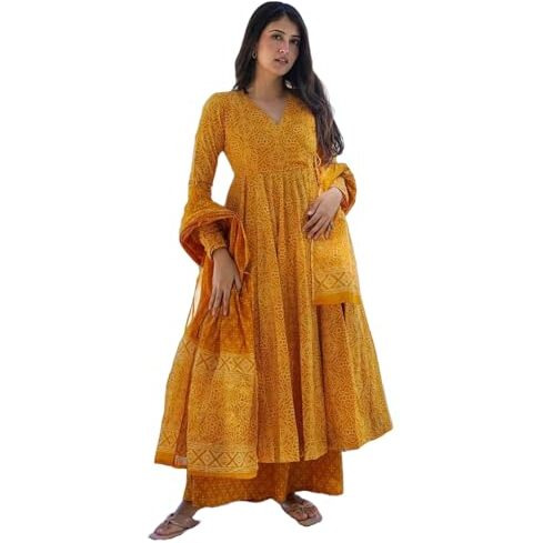 Gosriki Women's Rayon Viscose Anarkali Printed Kurta With Palazzo & Dupatta (Sinners Yellow-Vks01-Gs_S_Yellow_Small)