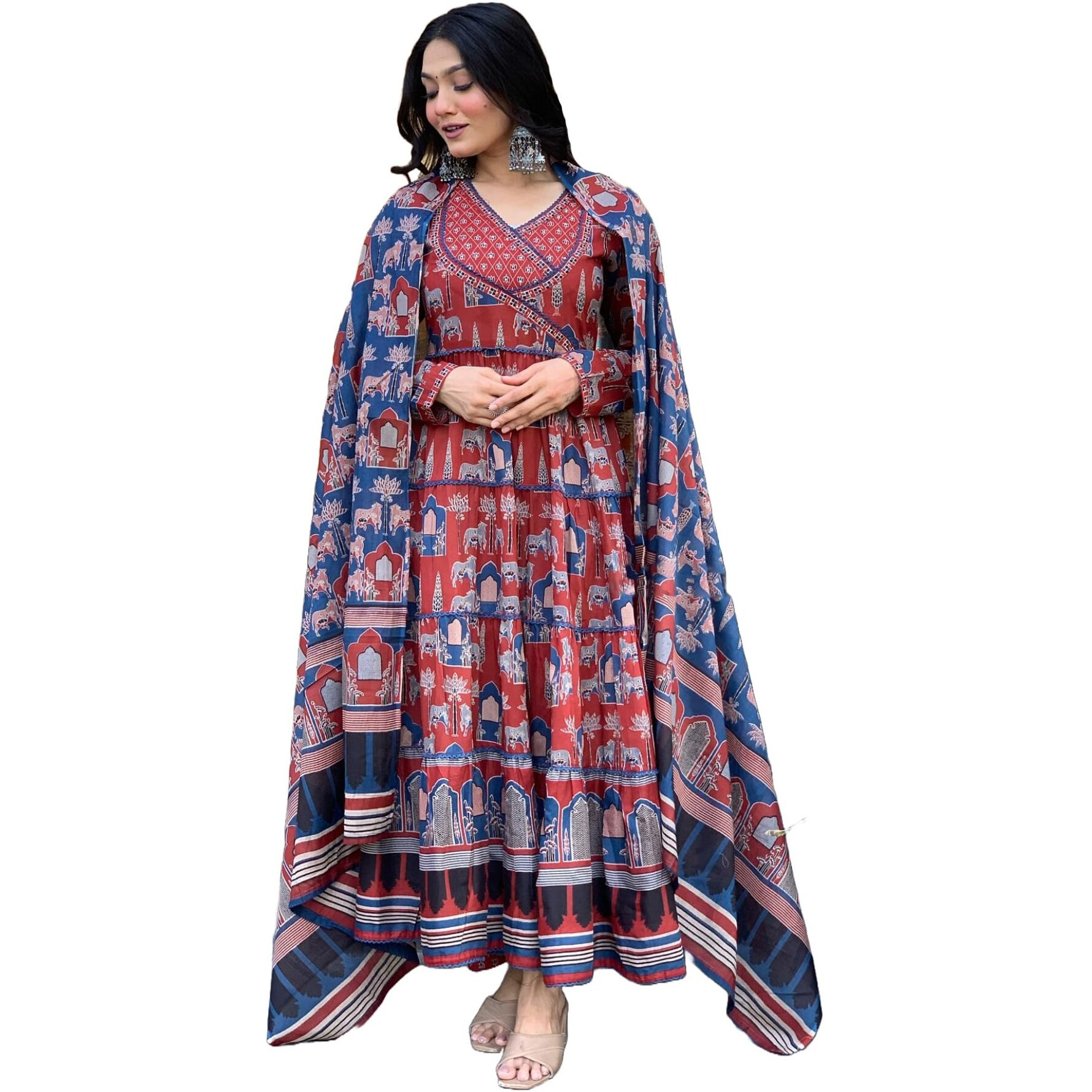 Gosriki Women's Rayon Viscose Printed Anarkali Kurta With Pant & Dupatta (Svr Blue-Gs_S_Blue_Small)