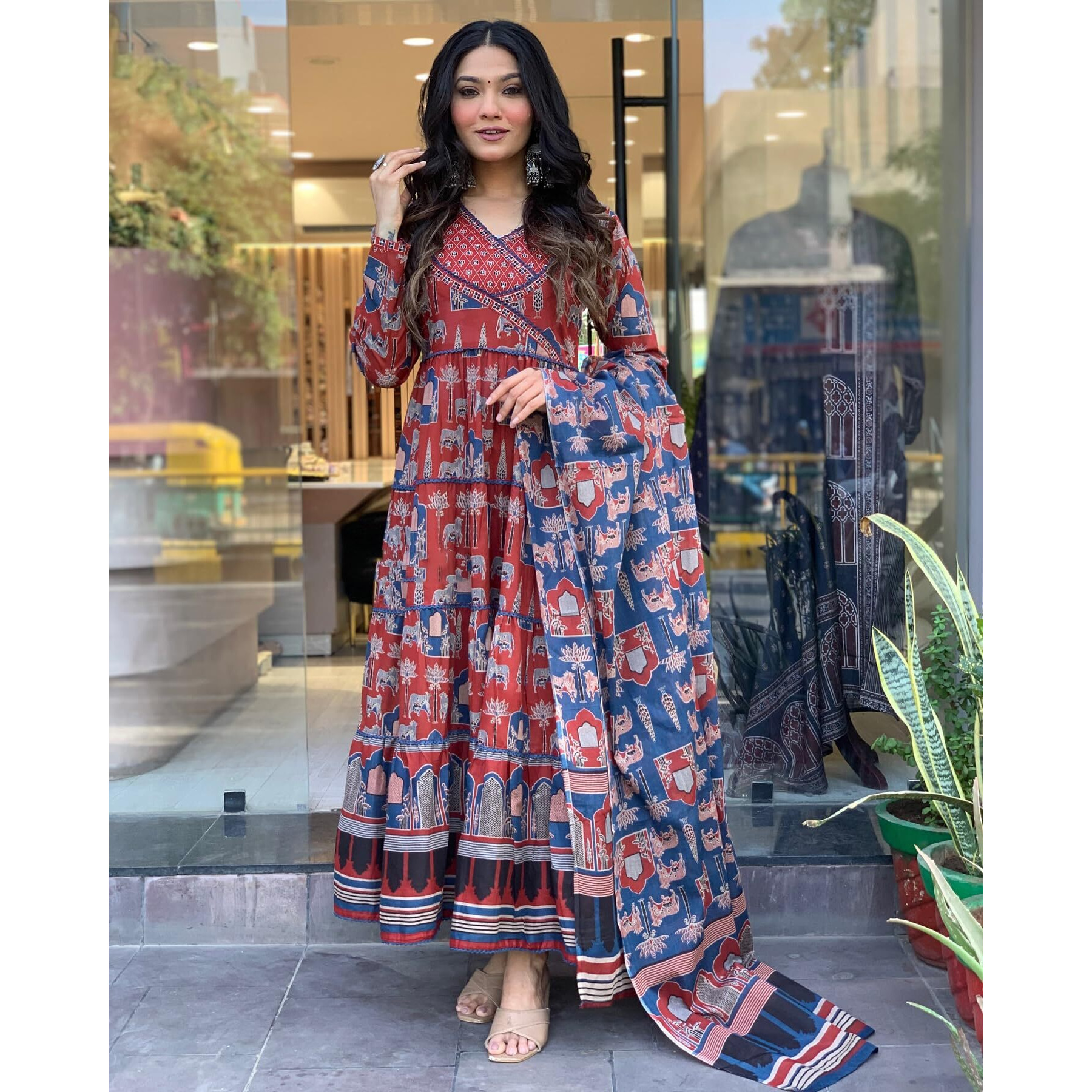 Gosriki Women's Rayon Viscose Printed Anarkali Kurta With Pant & Dupatta (Svr Blue-Gs_S_Blue_Small)
