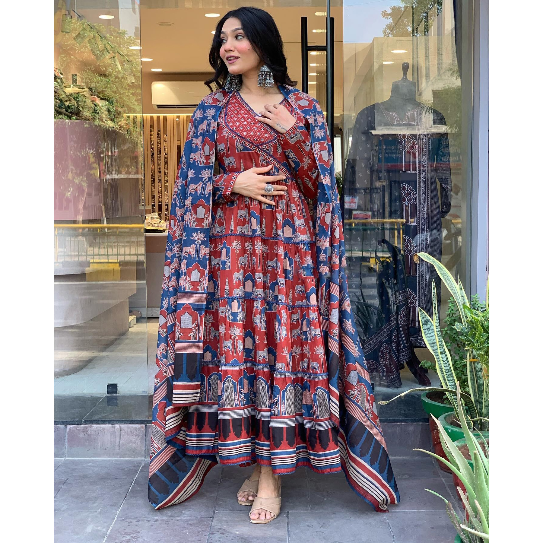 Gosriki Women's Rayon Viscose Printed Anarkali Kurta With Pant & Dupatta (Svr Blue-Gs_S_Blue_Small)