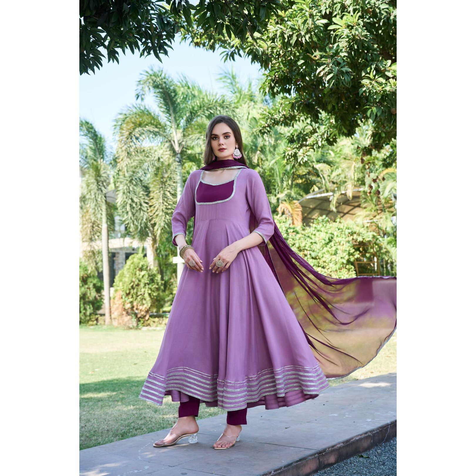 Gosriki Women's Rayon Blend Solid Anarkali Kurta With Pant & Dupatta (Kuspari Lavender-Vks01-Gs_Xl_Lavender_X-Large)