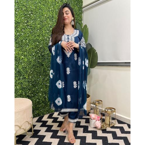 Gosriki Women's Rayon Blend Straight Embroidered Kurta With Pant & Dupatta (Cedar Cerosin-Gs_Xl_Blue_X-Large)