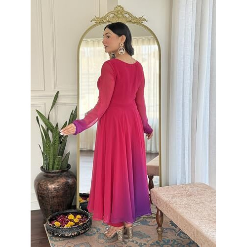 Gosriki Women's Georgette Anarkali Solid Kurta With Pant & Dupatta (Sade Pink-Vks03-Gs_Xl_Pink_X-Large)