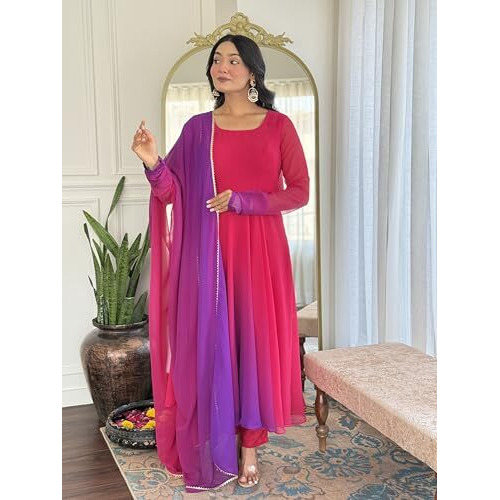 Gosriki Women's Georgette Anarkali Solid Kurta With Pant & Dupatta (Sade Pink-Vks03-Gs_Xl_Pink_X-Large)