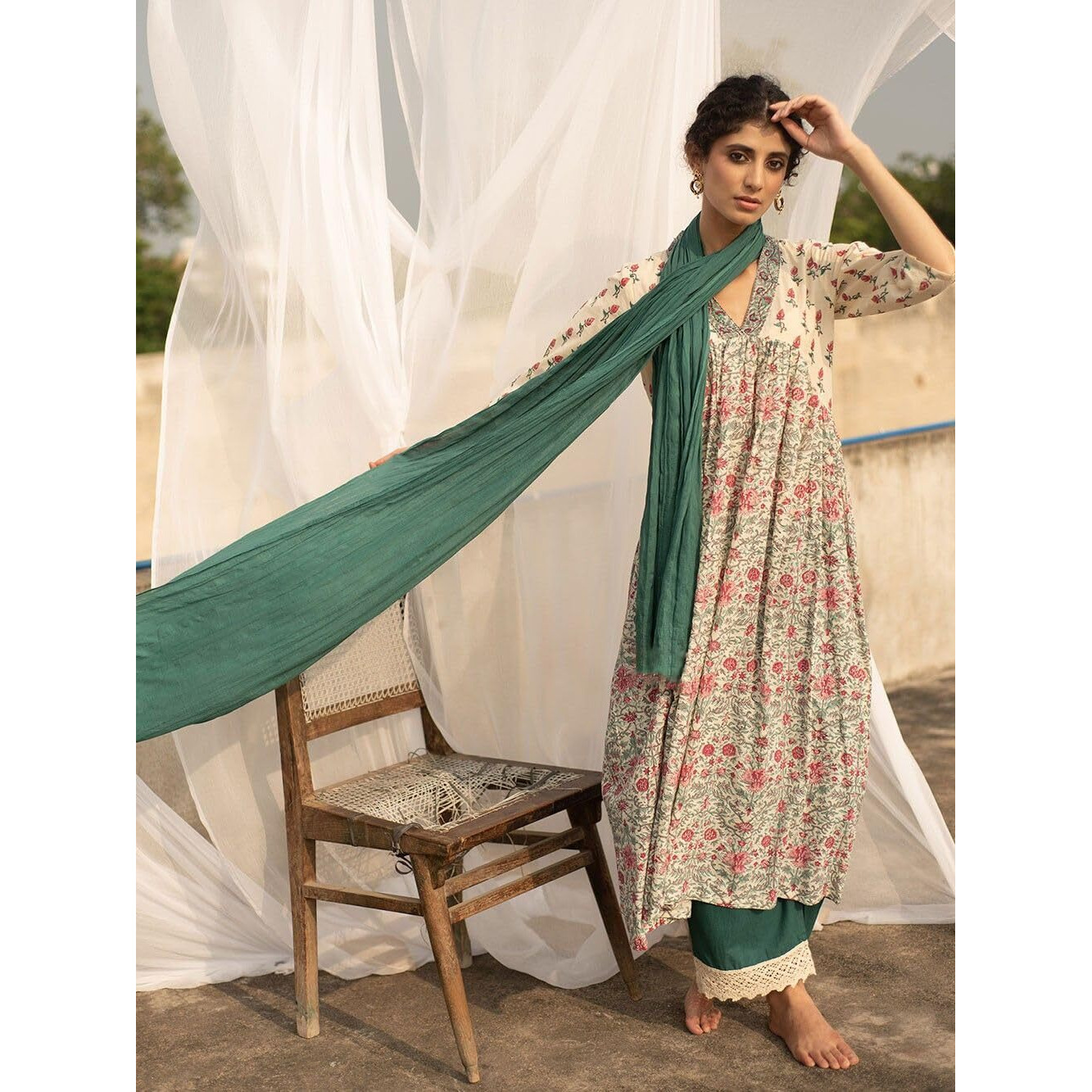 Gosriki Women's Cotton Blend Anarkali Printed Kurta With Pant & Dupatta (Toki White-Nw-Gs_S_White_Small)