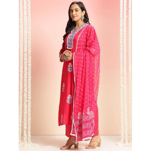 Gosriki Women's Rayon Viscose Printed Straight Kurta With Pant & Dupatta (Belagavi Pink-Vks05-Gs_5Xl_Pink_Xxxxx-Large)