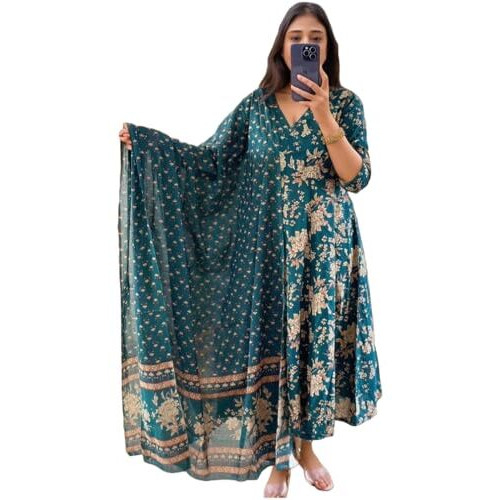 Gosriki Women's Rayon Viscose Anarkali Printed Kurta With Pant & Dupatta (Navneeta Dark Green-Vks02-Gs_Xl_Green_X-Large)