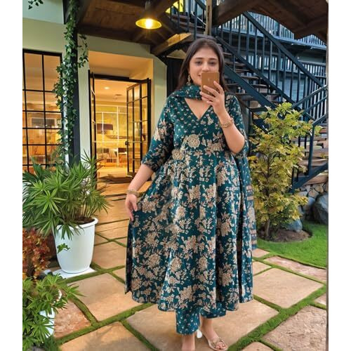 Gosriki Women's Rayon Viscose Anarkali Printed Kurta With Pant & Dupatta (Navneeta Dark Green-Vks02-Gs_Xl_Green_X-Large)