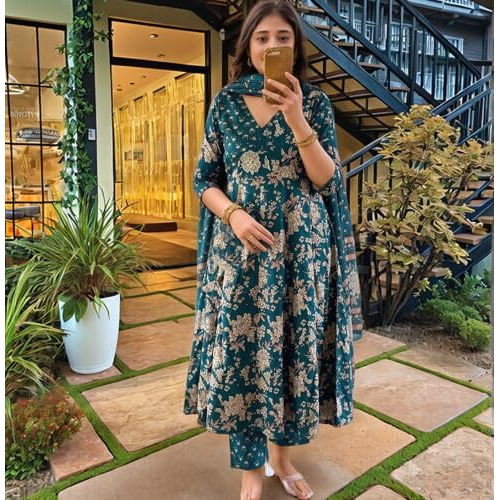 Gosriki Women's Rayon Viscose Anarkali Printed Kurta With Pant & Dupatta (Navneeta Dark Green-Vks02-Gs_Xl_Green_X-Large)