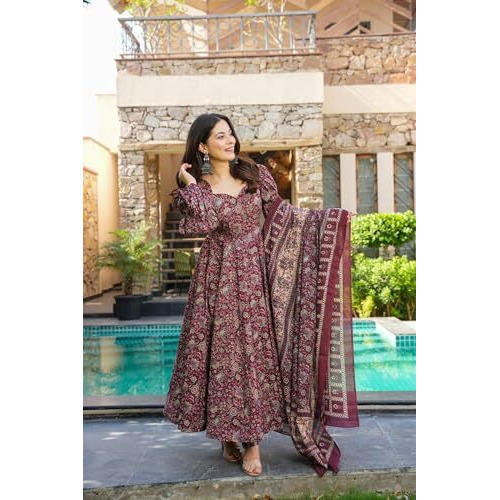 Gosriki Women's Rayon Viscose Anarkali Printed Kurta With Pant & Dupatta (Mahathi Multi-Gs_Xxl_Multicolor_Xx-Large)
